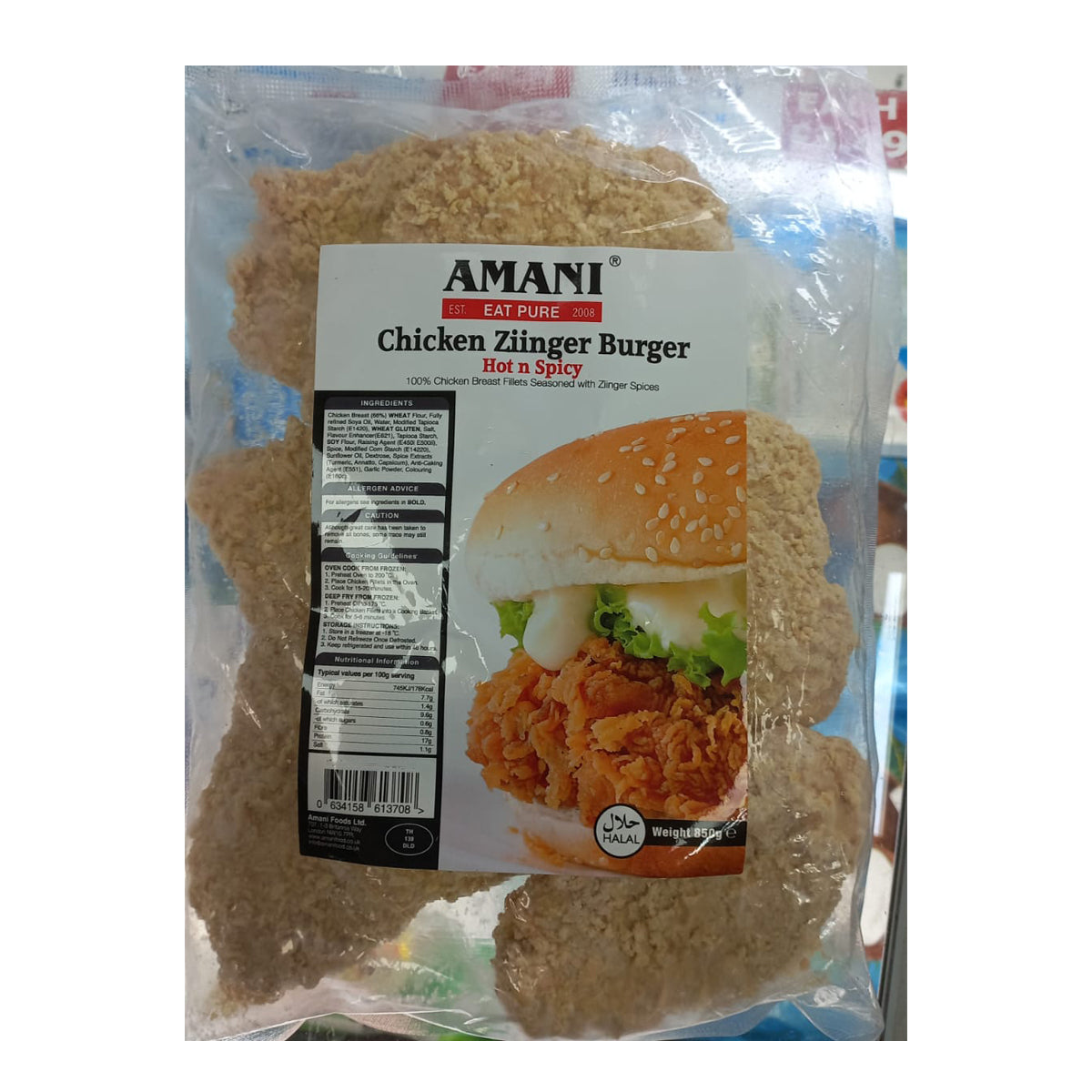 Buy Amani Hot 'N' Spicy Chicken Ziinger Burger at Veenas.com - Online Indian Grocery Store UK