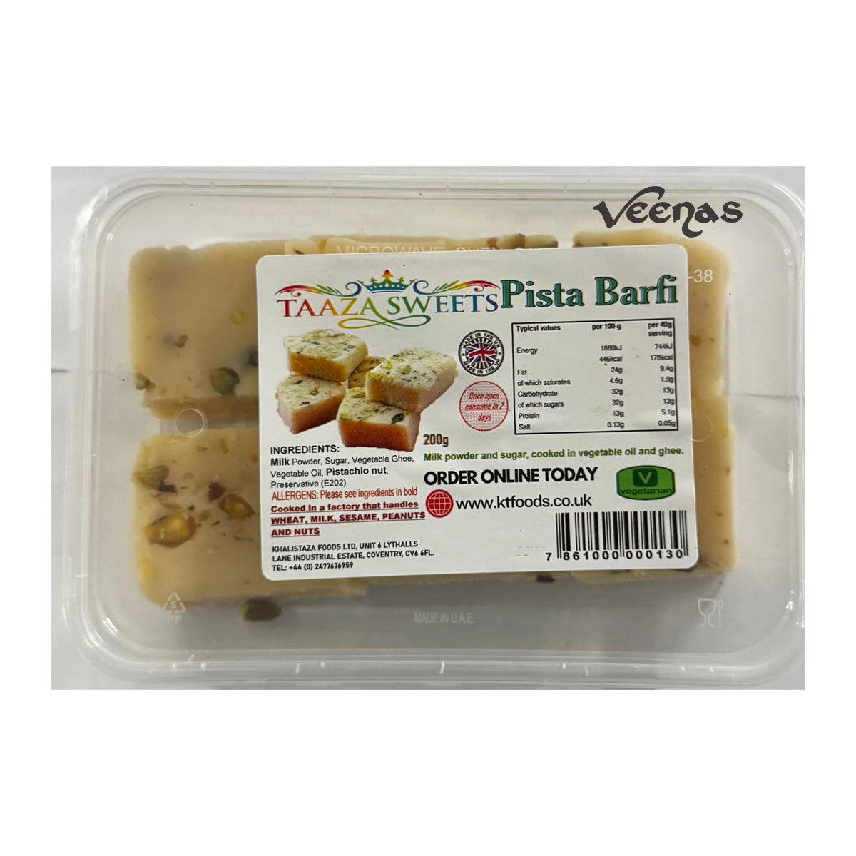 Buy Taaza Sweets Pista Barfi 250g at Veenas.com - Online Indian Grocery Store UK