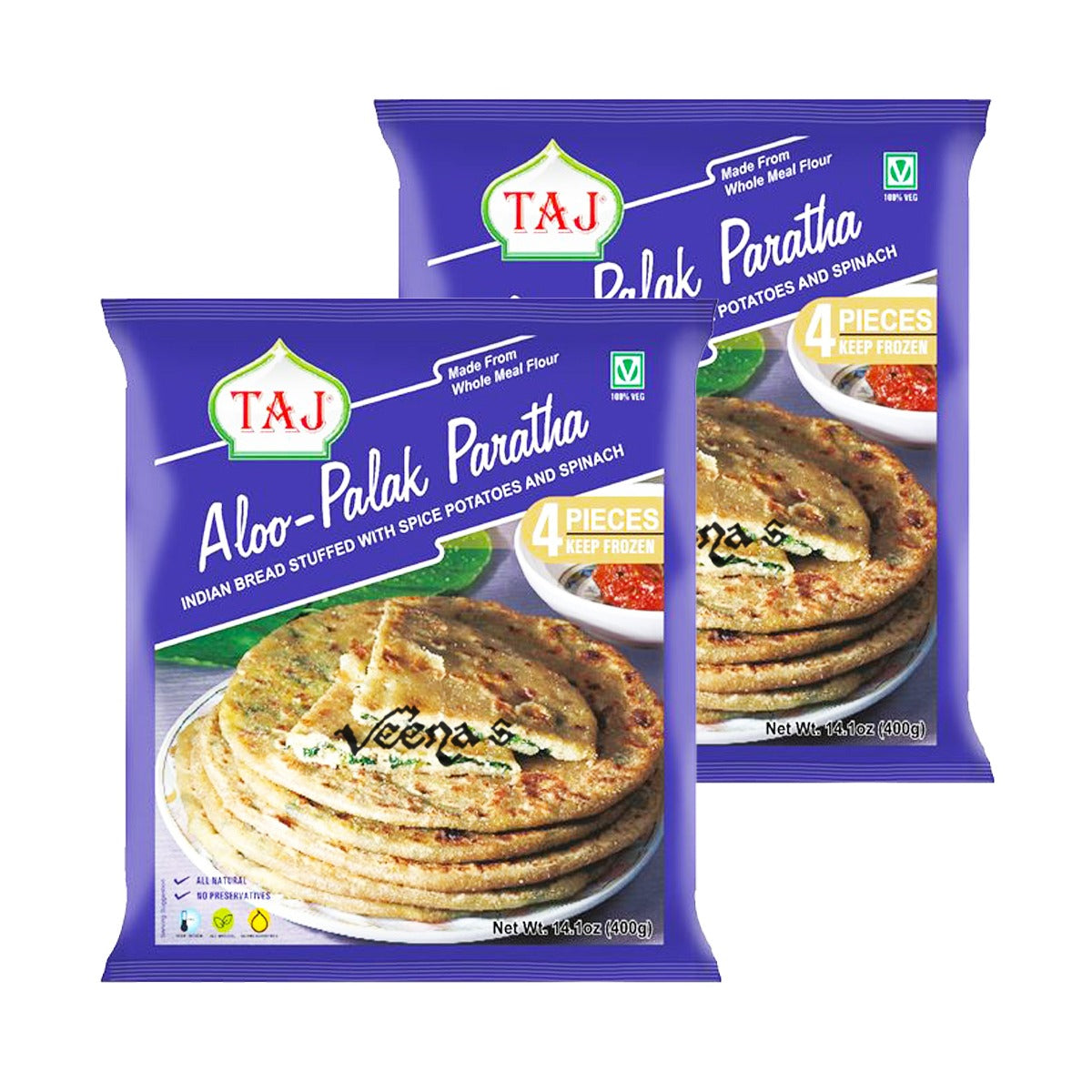 Buy Taj Aloo Palak Paratha(Pack of 2) 4PCS 400g at Veenas.com - Online Indian Grocery Store UK
