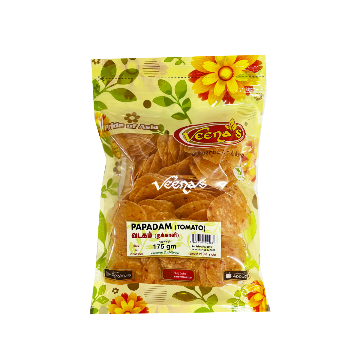 Buy Veena's Papadam Tomato 175g at Veenas.com - Online Indian Grocery Store UK