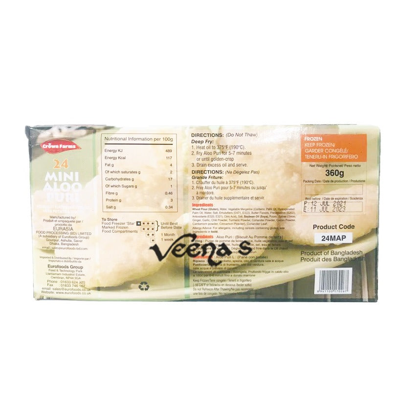 Buy Crown Farms 24 Mini Aloo Puri Frozen 360g at Veenas.com - Online Indian Grocery Store UK