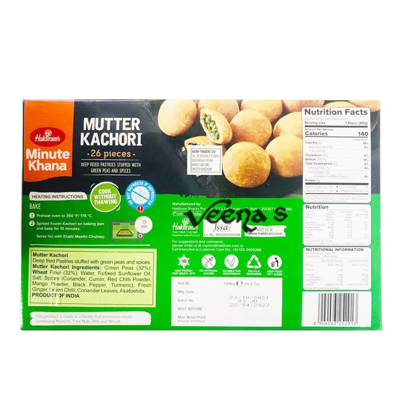 Buy Haldiram's Minute Khana Mutter Kachori 26 Pieces Medium 1.04kg at Veenas.com - Online Indian Grocery Store UK