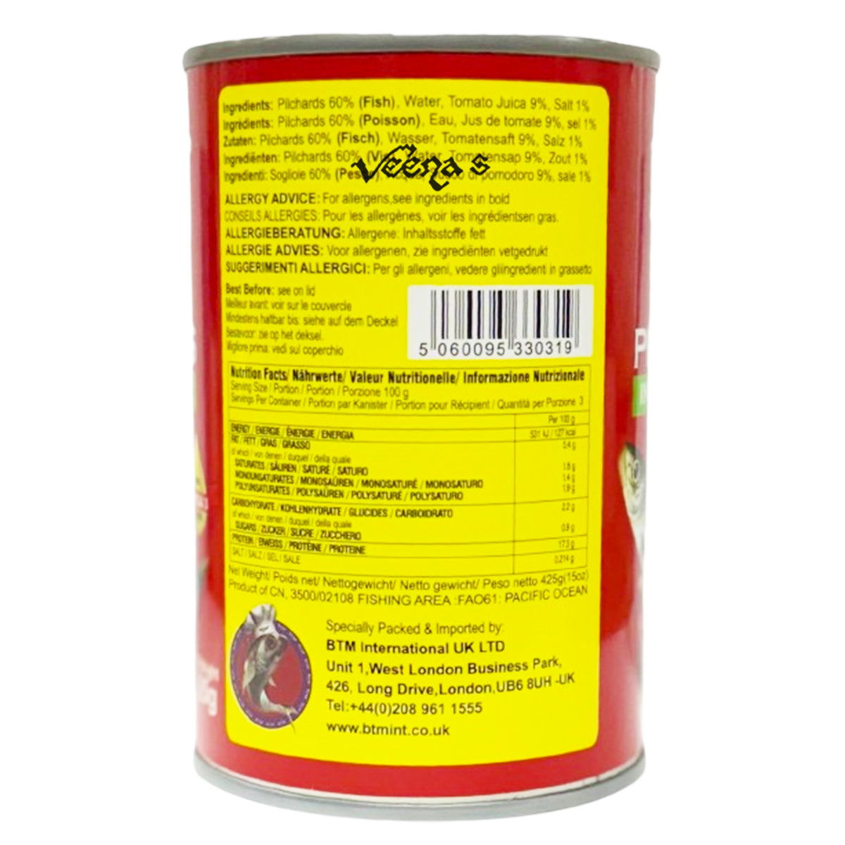 Buy BTM Pilchards in Tomato Sauce 425g at Veenas.com - Online Indian Grocery Store UK