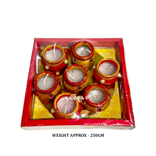 Clay Pot Matki Wax Diya (Set of 7 Pieces-Red & Gold)