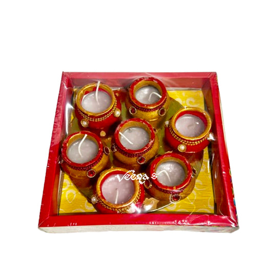 Clay Pot Matki Wax Diya (Set of 7 Pieces-Red & Gold)