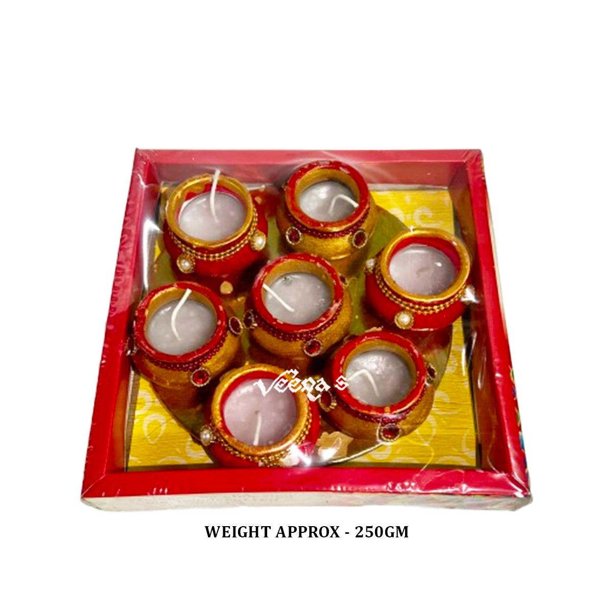 Clay Pot Matki Wax Diya (Red & Gold) (7Pcs) 
