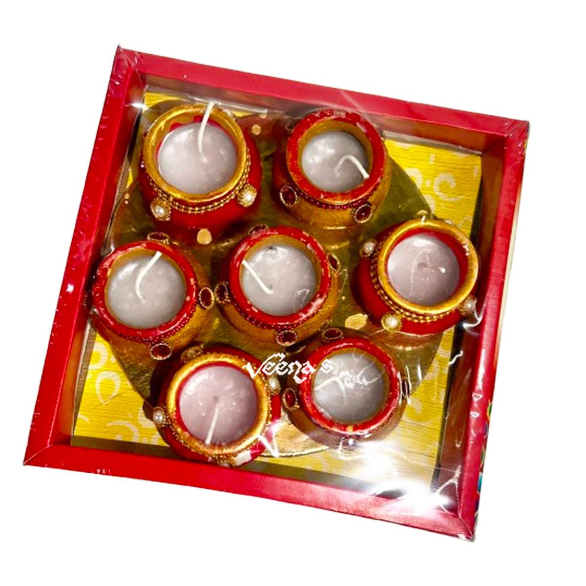 Clay Pot Matki Wax Diya (Red & Gold) (7Pcs)