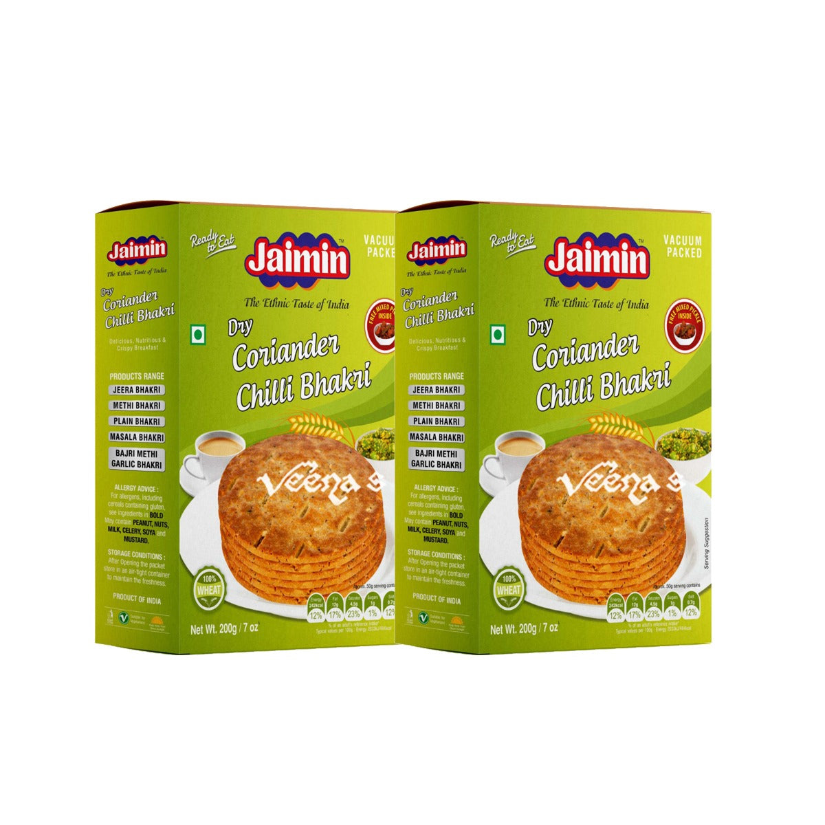 Buy Jaimin Dry Coriander Chilli Bhakri Pack of 2 200g at Veenas.com - Online Indian Grocery Store UK