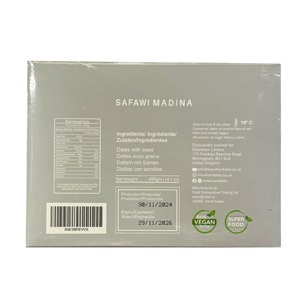 Buy Kawthar Premium Safawi Madina Dates 400g at Veenas.com - Online Indian Grocery Store UK