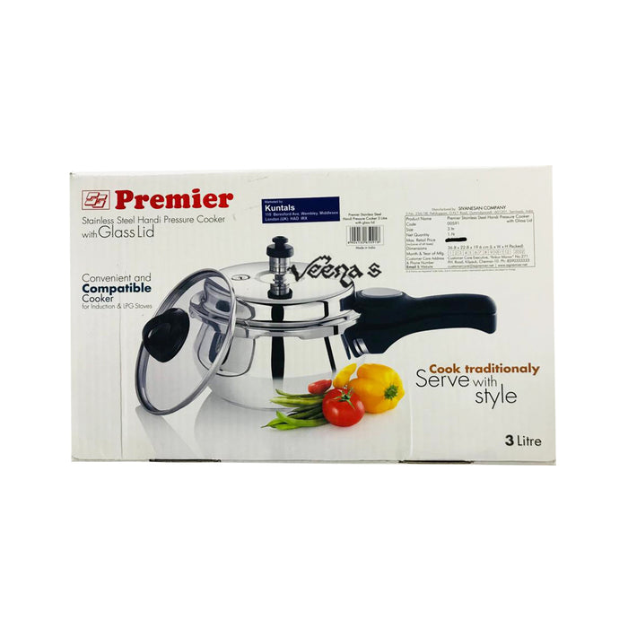 Premier Stainless Steel Handi Pressure Cooker with Glass Lid 3L