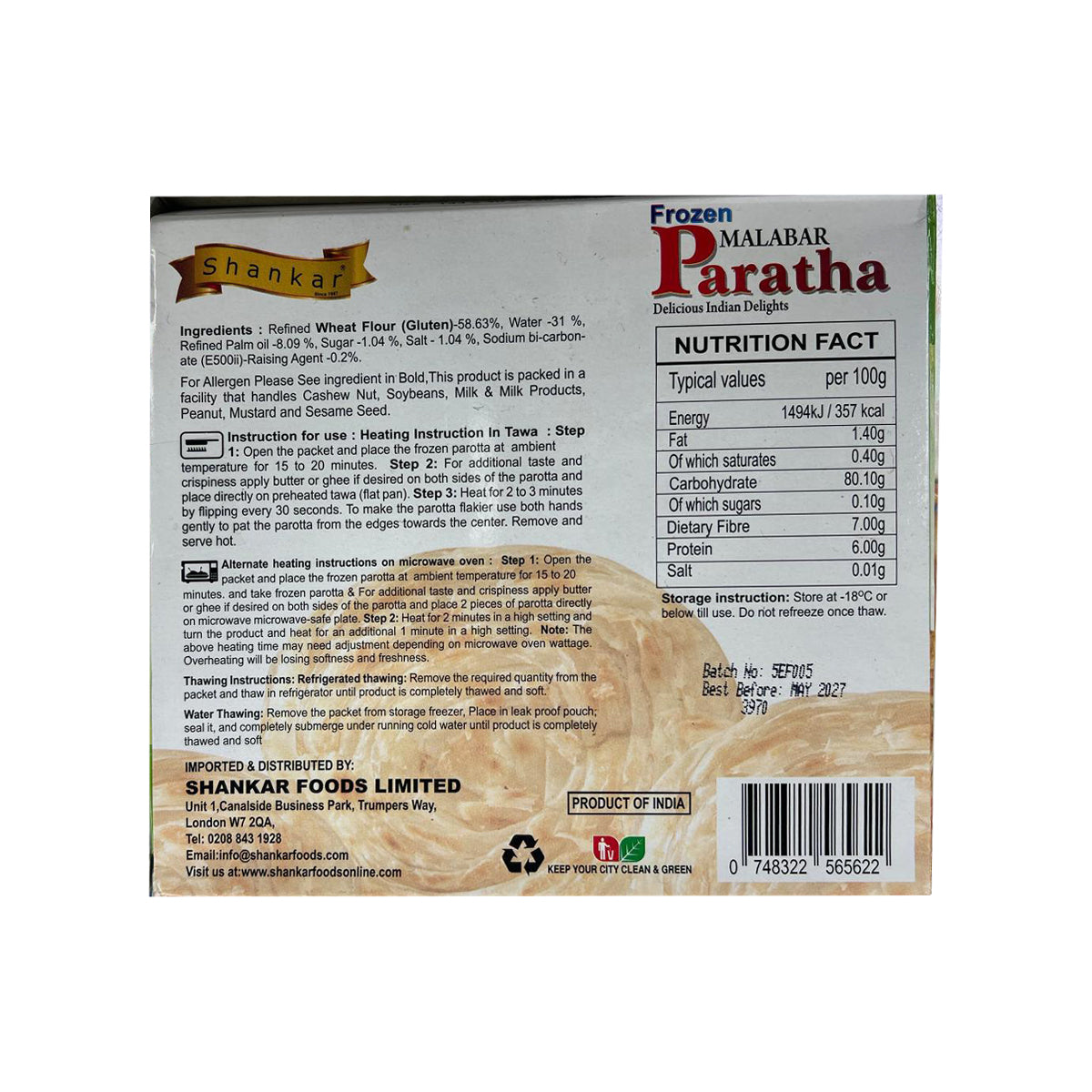 Buy Shankar Malabar Paratha 350g at Veenas.com - Online Indian Grocery Store UK