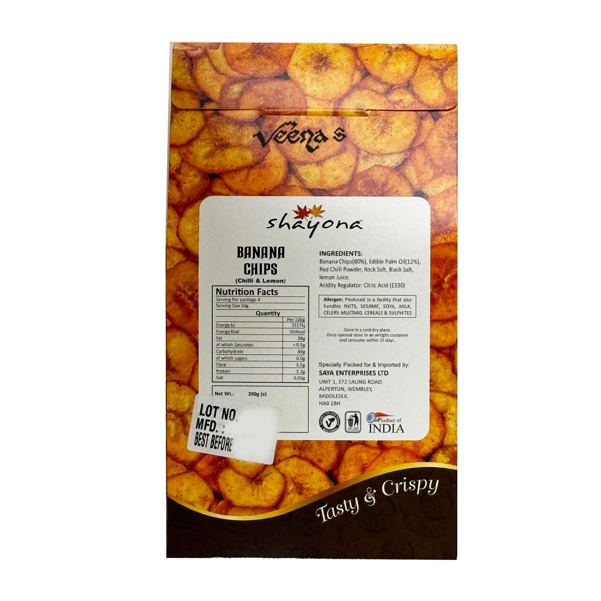 Buy Shayona Banana Chips(Chilli & Lemon ) 200g at Veenas.com - Online Indian Grocery Store UK