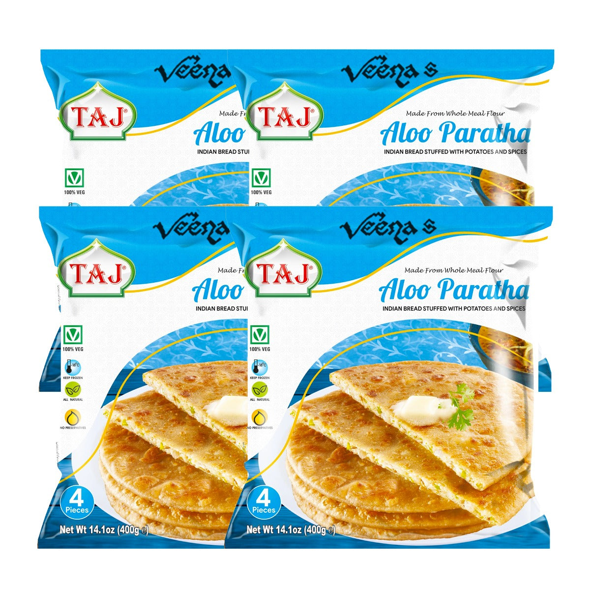 Buy Taj Aloo Paratha 4Pcs (Pack of 4) 400g at Veenas.com - Online Indian Grocery Store UK