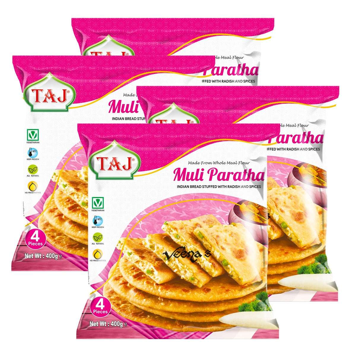 Buy Taj Muli Paratha 400g (Pack of 4) at Veenas.com - Online Indian Grocery Store UK