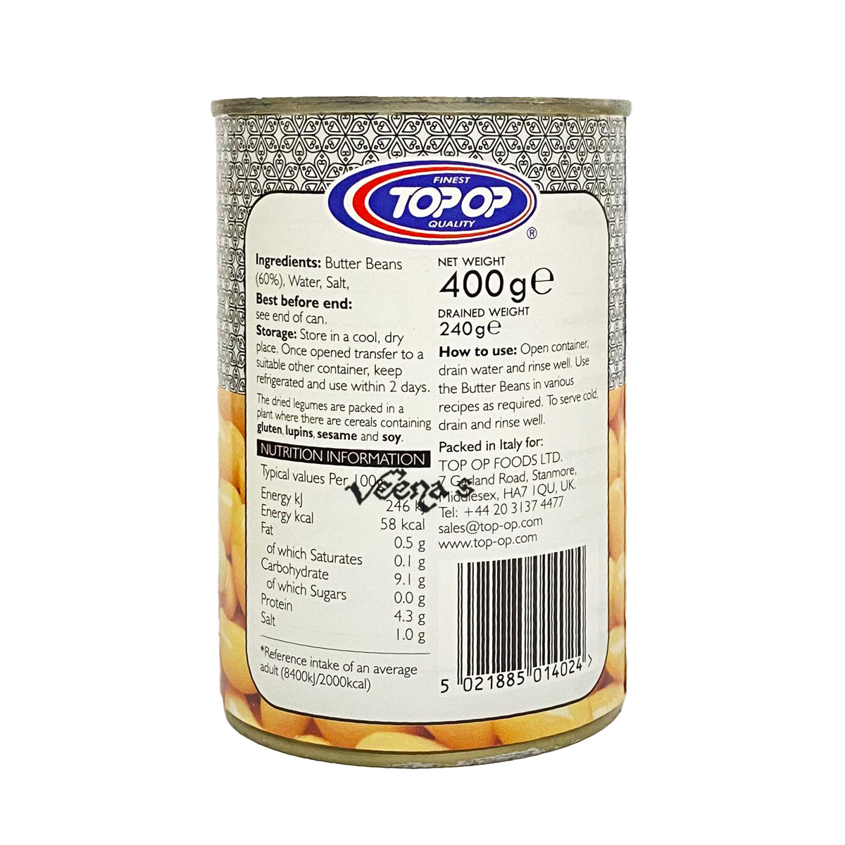 Buy Top Op Butter Beans in Salted Water 400g at Veenas.com - Online Indian Grocery Store UK