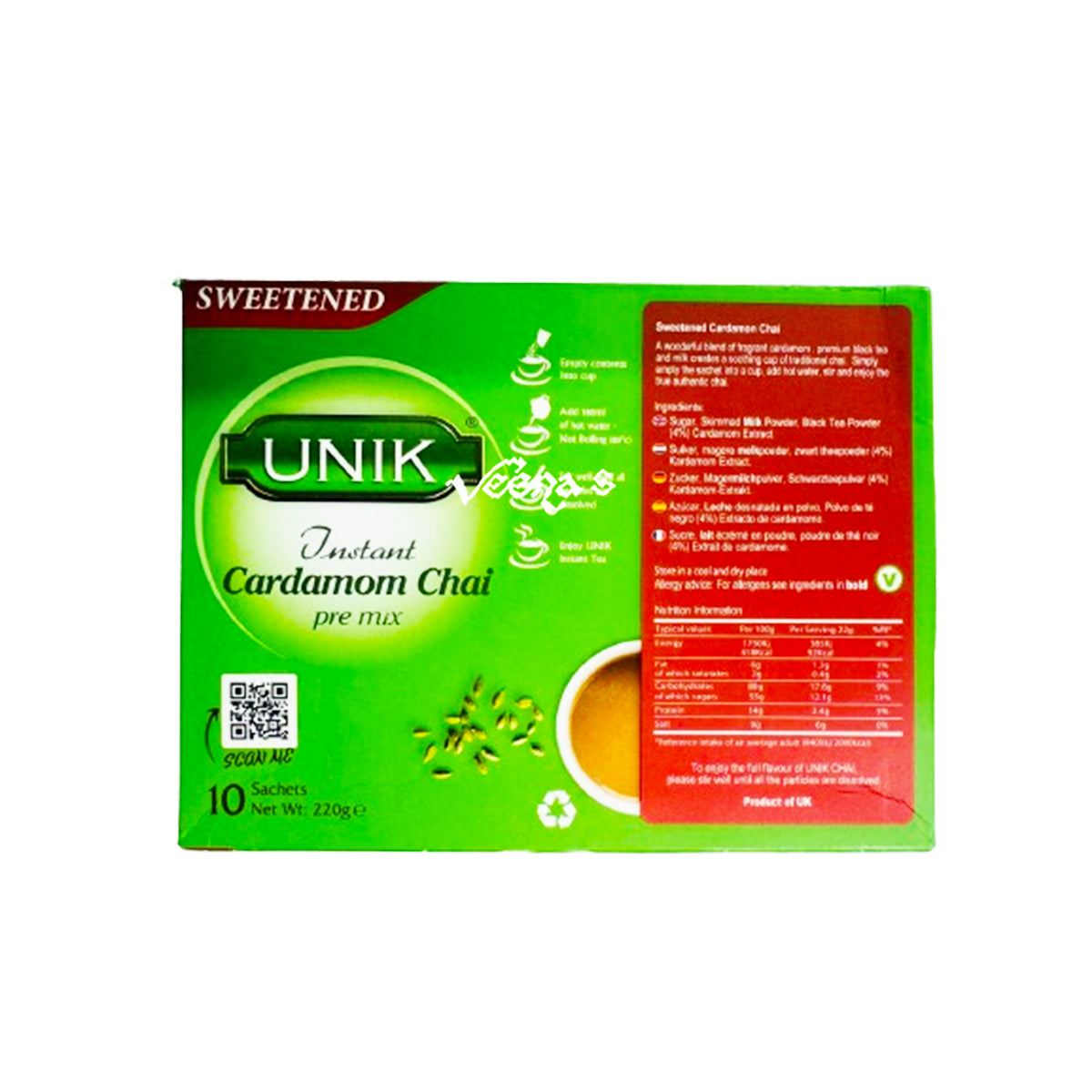 Buy Unik Instant Cardamom Tea 220g (Sweetened) at Veenas.com - Online Indian Grocery Store UK