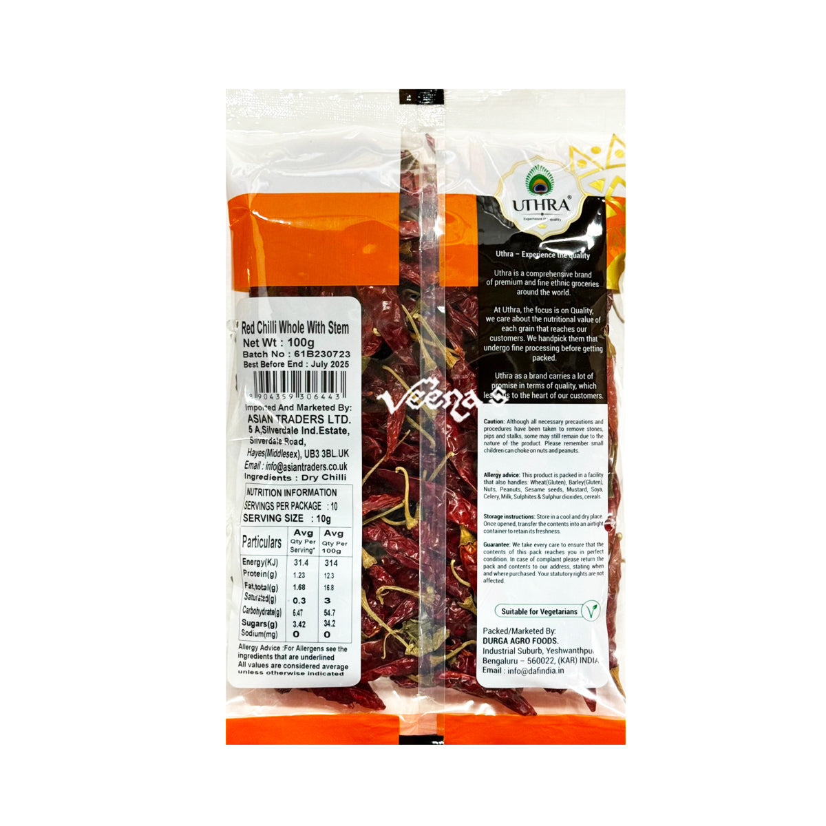 Buy Uthra Red Chilli Whole (With Stem) 100g at Veenas.com - Online Indian Grocery Store UK