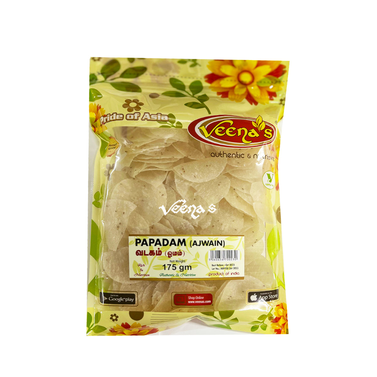 Buy Veena's Papadam Ajwain 200g at Veenas.com - Online Indian Grocery Store UK