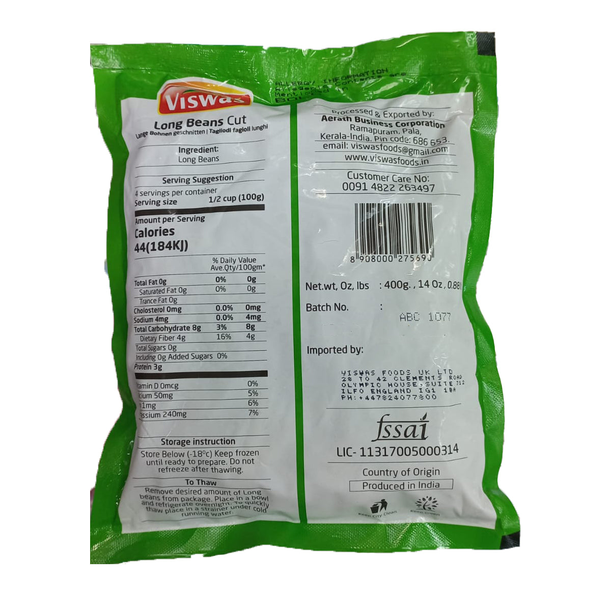 Buy Viswas Long Beans (Cut) 400g at Veenas.com - Online Indian Grocery Store UK