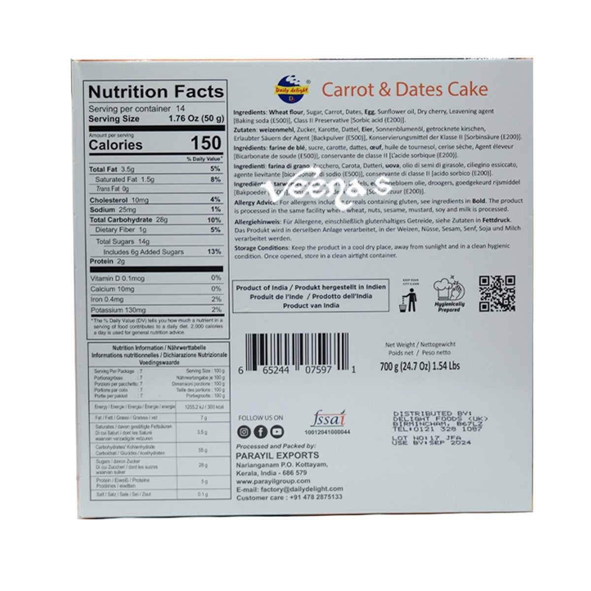 Buy Daily Delight Carrot & Dates Cake 700g at Veenas.com - Online Indian Grocery Store UK