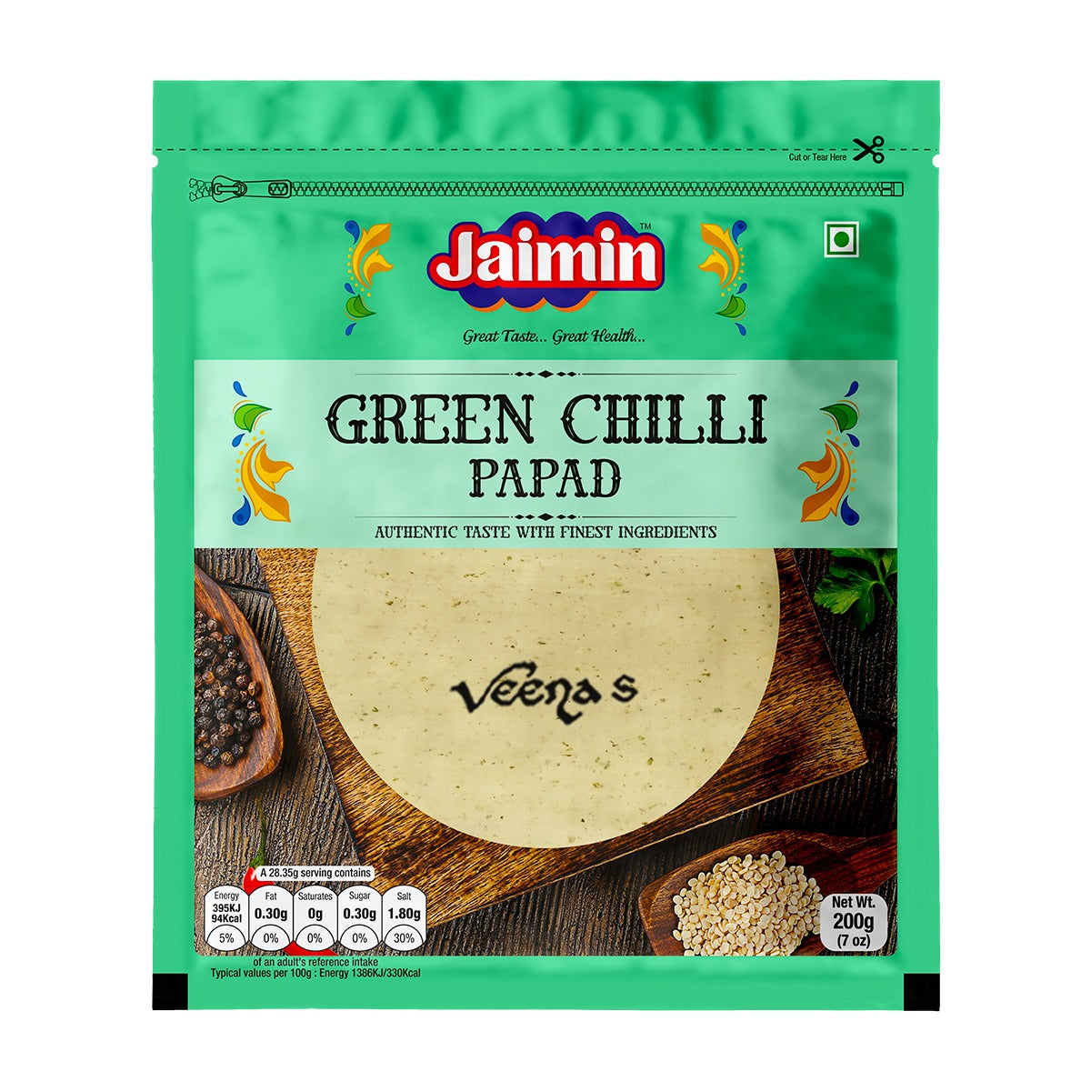 Buy Jaimin Green Chilli Papad 200g at Veenas.com - Online Indian Grocery Store UK