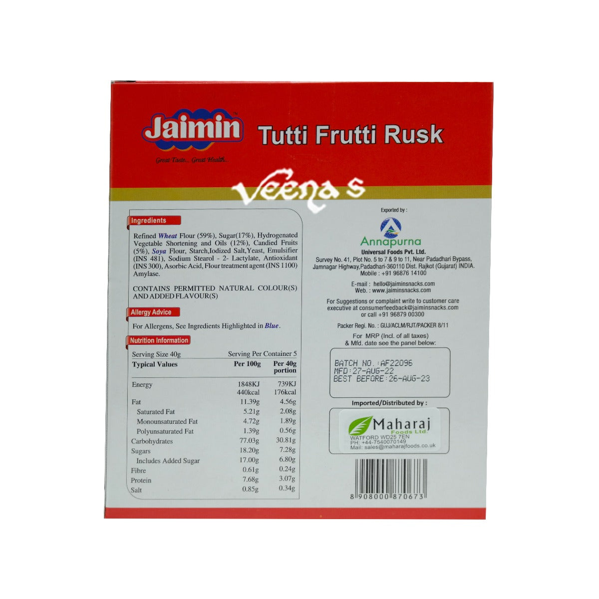 Buy Jaimin Tutti Frutti Rusk 200g at Veenas.com - Online Indian Grocery Store UK