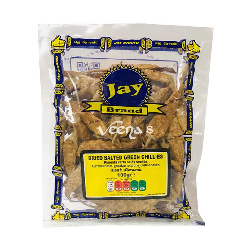Buy Jay Brand Dried Salted Green Chillies 100g at Veenas.com - Online Indian Grocery Store UK